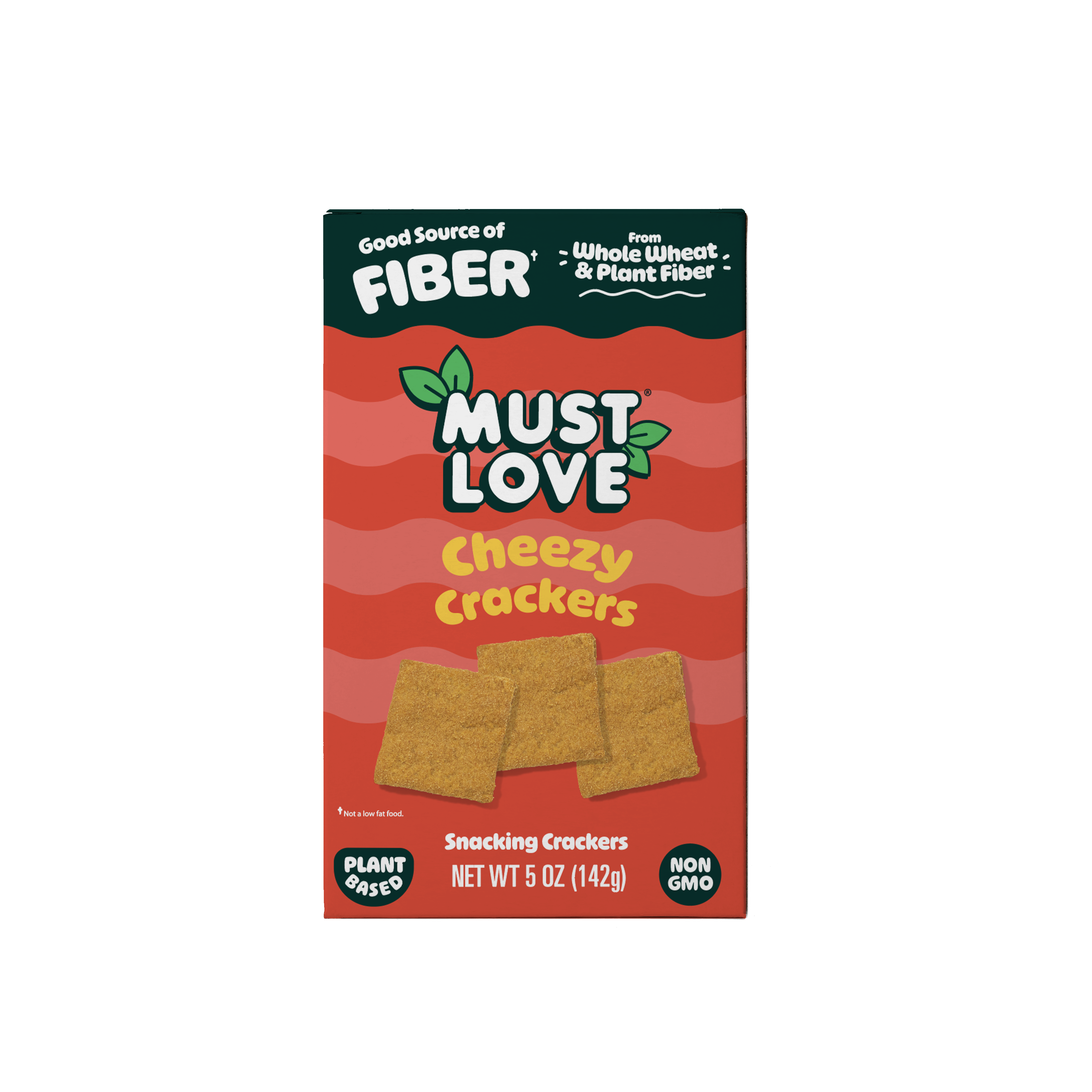 Must Love Cheezy Crackers box — Good Source of Fiber, Plant-Based, Non-GMO snacking cracker